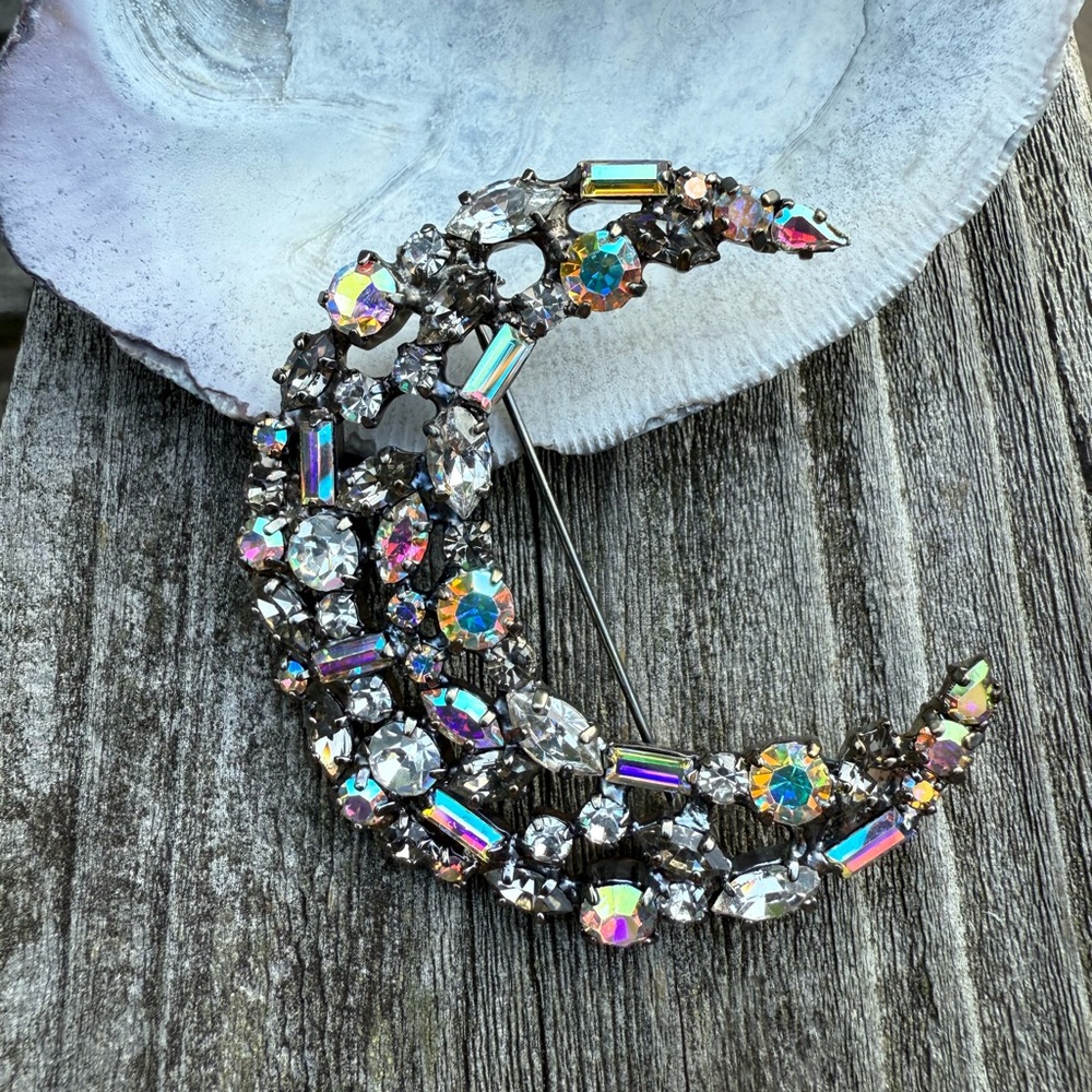 Vintage Carolee Silver Crescent Moon Brooch with Celestial Crystal Design